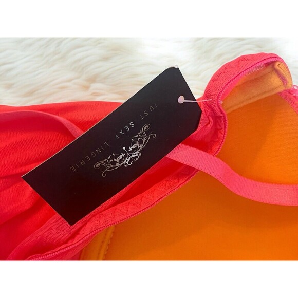 Just Sexy Padded Cup Babydoll And Thong Lace Center Contrast Coral/Orange New 2X - Picture 6 of 7